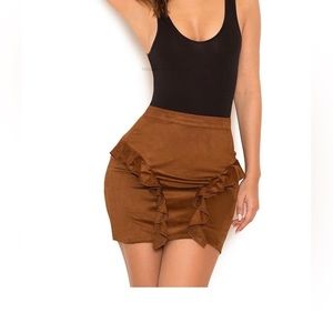 House of CB Suedette Frilled Mini Skirt in Brown Chestnut